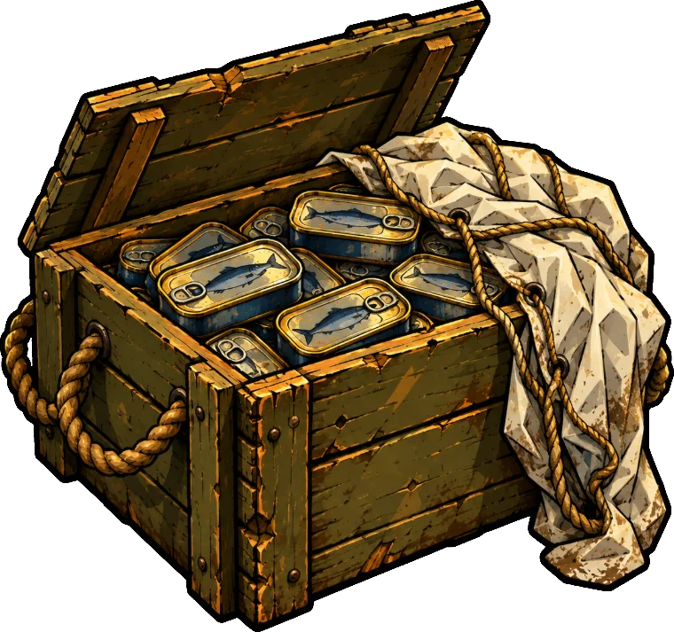 A wooden supply crate full of sardine tins under a parachute